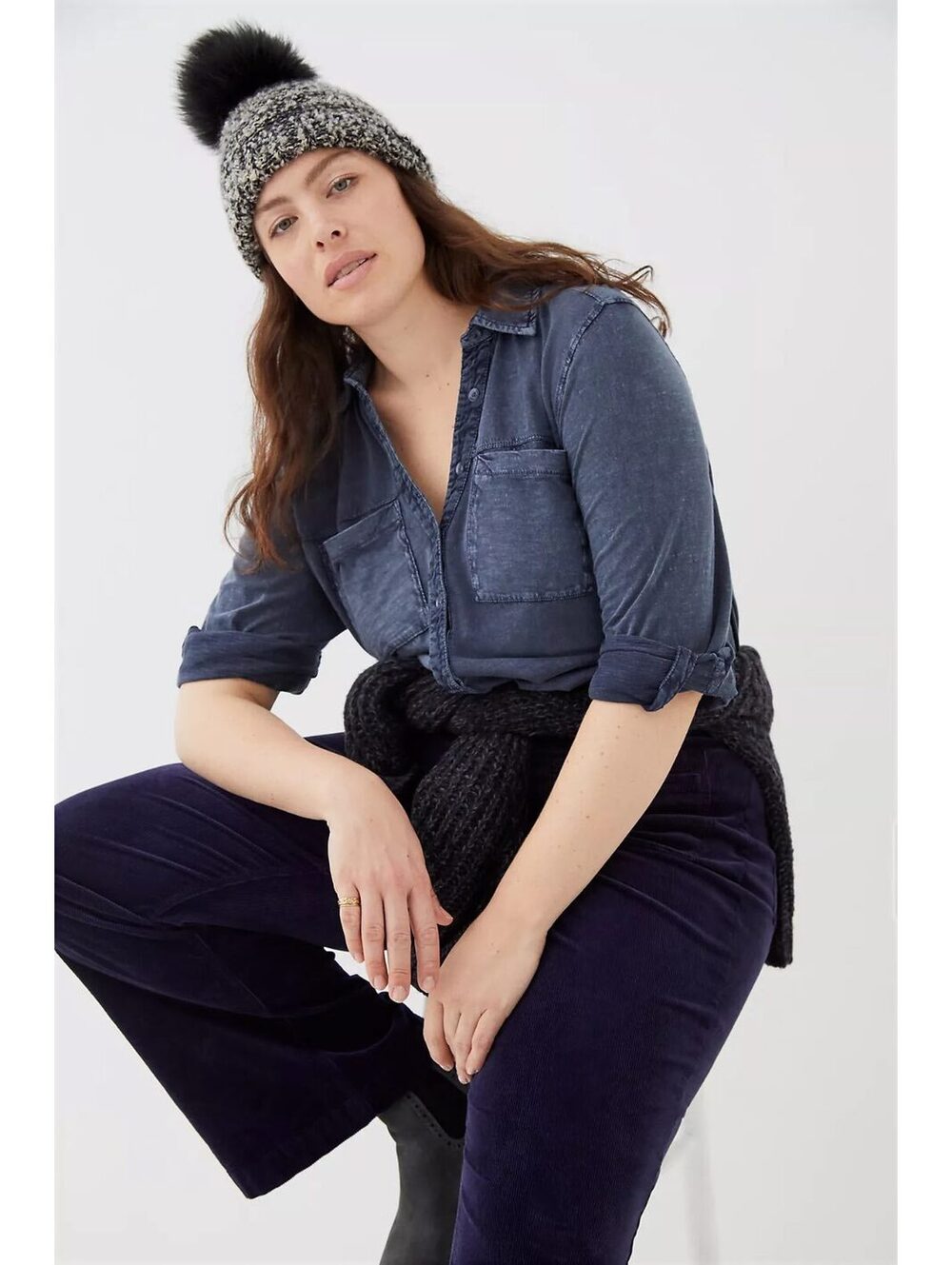 Pilcro Hanna Corduroy-Trimmed Tunic Top Size Medium Navy